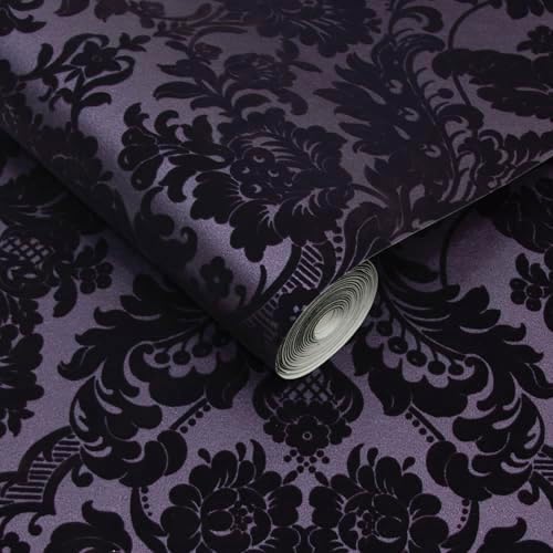 Graham & Brown Gothic Damask Flock Plum Purple and Black Paste The Wall - Image 4