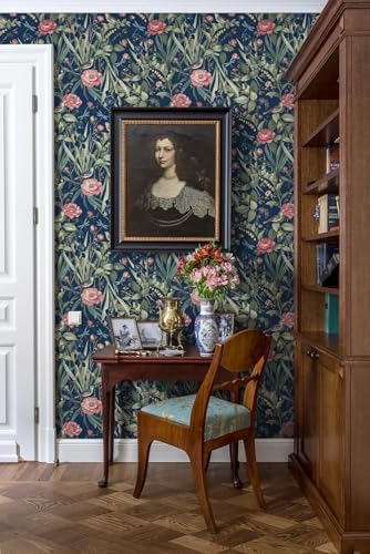 Navy Bird and Floral Peel and Stick Wallpaper Vintage 17in x 197in - Image 7