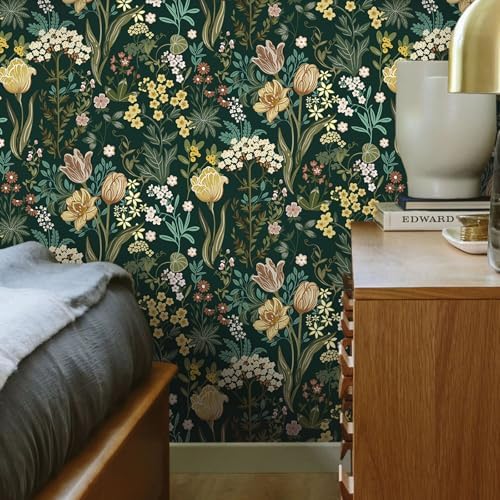 197’’17.3’’Floral Peel and Stick Wallpaper Boho Vintage Dark Green - Image 6