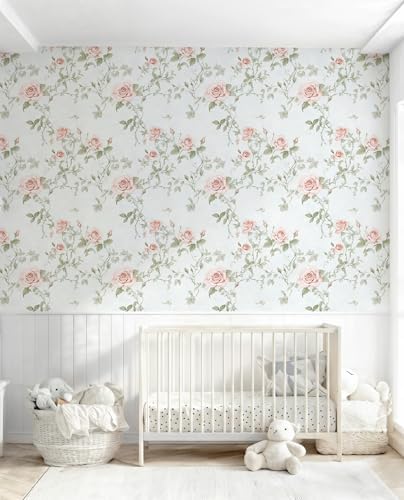 Floral Peel and Stick Wallpaper Pink Flower Wall Paper 17.3" x 197" Vintage - Image 6
