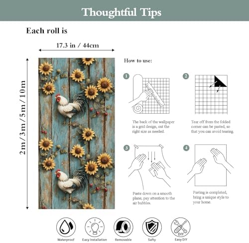 Sunflowers Rooster Peel and Stick Wallpaper 17.3"x78.7" Wood Vintage Non-Woven - Image 7