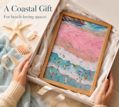 Framed Pink Coastal Canvas Wall Art, Girl Beach Surfers Picture Wall Decor - Image 7