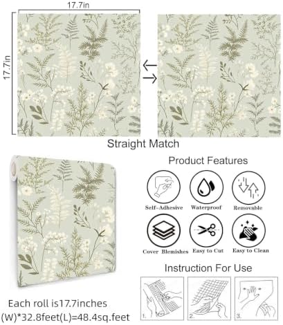 Green Botanical Floral Peel and Stick Wallpaper 17.7"x393.7" - Image 6