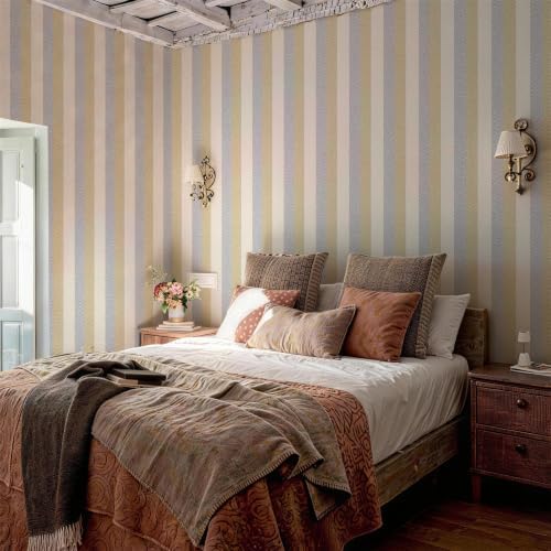 Stripes Textured Peel and Stick Wallpaper 17.3"x120" Beige Yellow Blue - Image 6