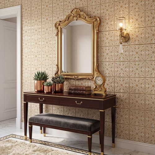 36 Pack of 8 x 8" Wallpaper Tiles Peel and Sitck in White and Gold Leaves - Image 6