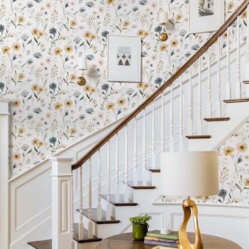 Ismoon Floral Peel and Stick Wallpaper Boho Wallpaper 17.3in x 16.4ft Blue and - Image 7