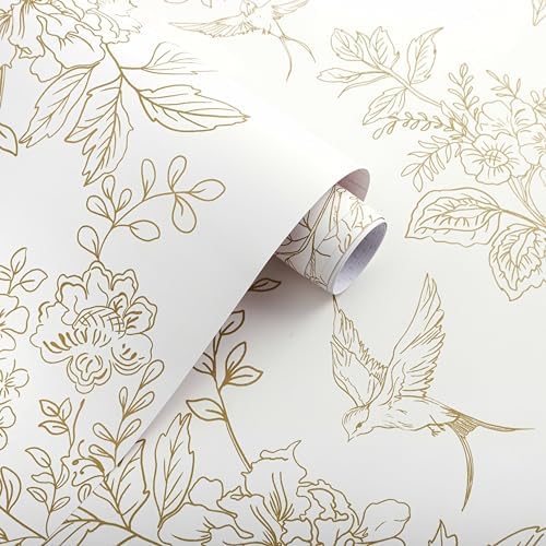 Froluya Cream White and Gold Floral Peel and Stick Wallpaper 17.7in×118.1in - Image 6