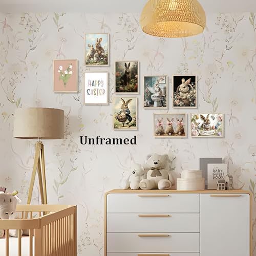 Vintage Easter Bunny Wall Art Set of 9, Cute Rabbit Canvas Print Prints - Image 7