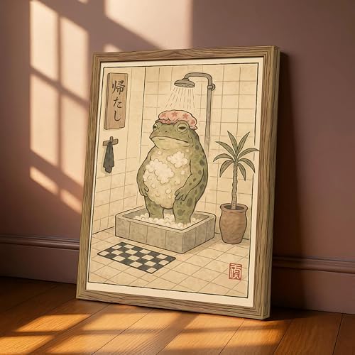 Framed Vintage Frog Bathroom Wall Art, Funny Cute Green Frog in Bubble Bath - Image 7