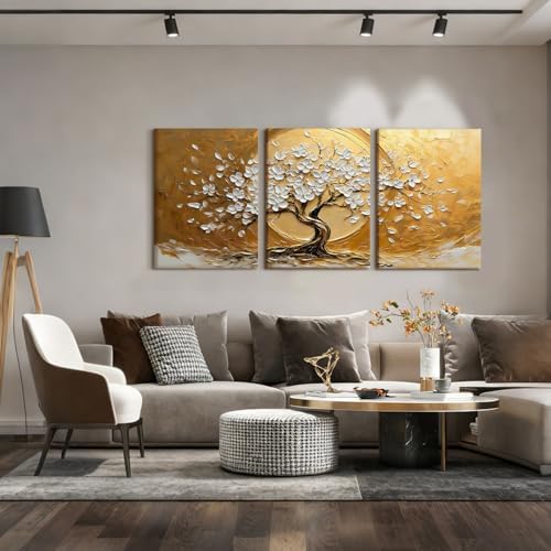 RZIGERNO 3 Pcs Tree of Life Canvas Wall Art Gold White Floral Poster Printing - Image 7