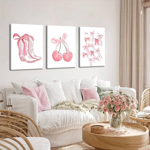 Fashion Pink Bows Wall Art Set of 3, Preppy Watercolor Cherry Cowboy Boots Wall - Image 7