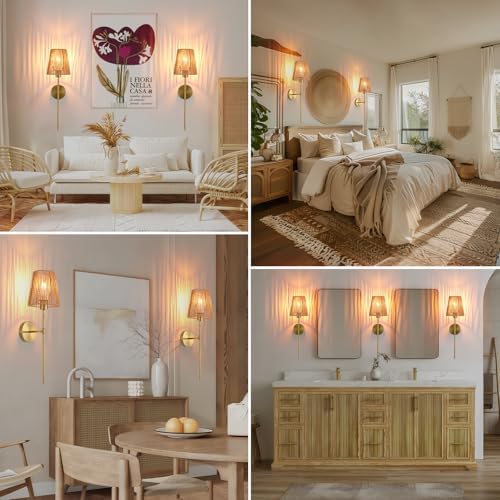 Battery Operated wall sconces Set of Two, Rattan Shade Gold - Image 7