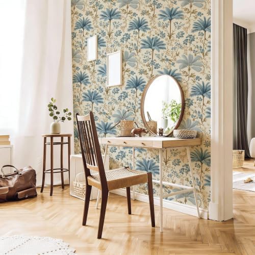 Stickorama Vintage Chinoiserie Blue Palm Tree Floral Peel and Stick Wallpaper - Image 7