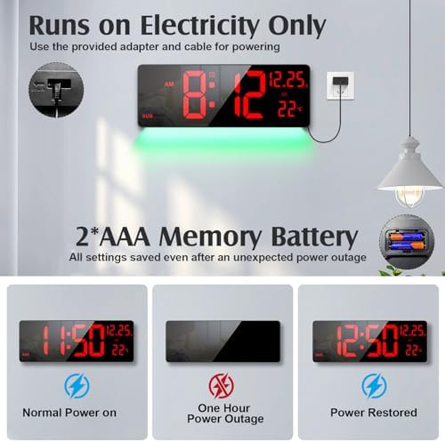 16.5" Digital Wall Clock, 6-Color Dimmable Night Light - Image 6