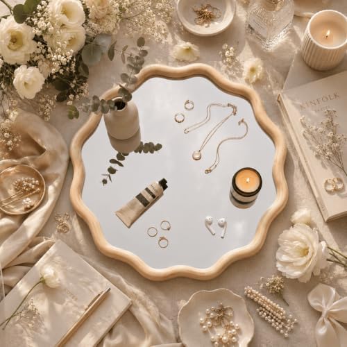 Furnaza 30" Round Wall Mirror, Wooden Boho Wavy Mirror - Image 7
