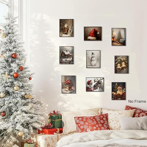 Vintage Christmas Canvas Wall Art Set of 9, Santa Claus Xmas Tree Snow Scene - Image 7