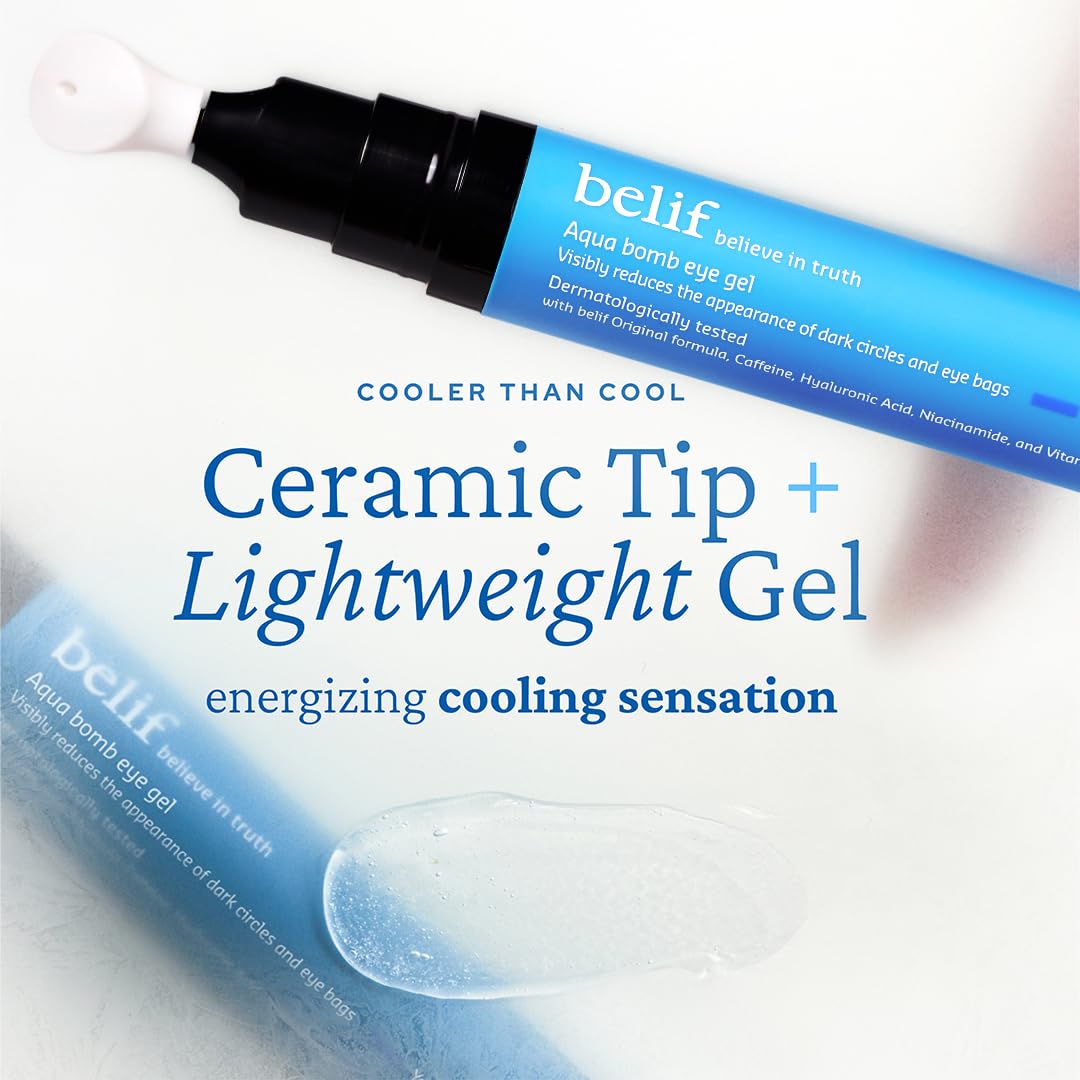 belif Aqua Bomb Cooling Eye Gel - Caffeine & Hyaluronic Acid for Puffiness & Hydration, Niacinamide & Vitamin C for Dark Circles, Adenosine & Collagen for Plumping & Firming, Korean Skin Care