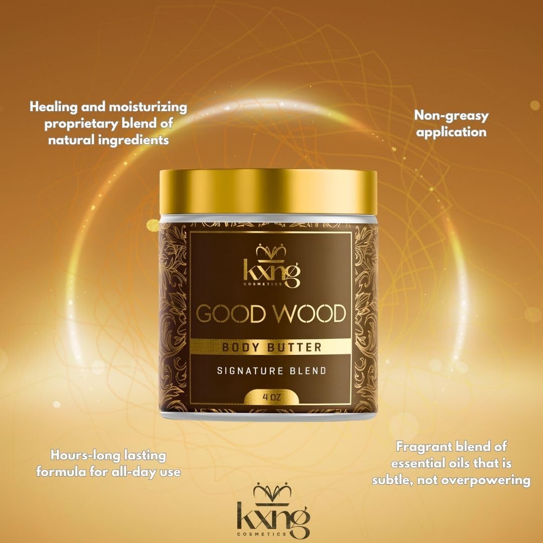 KXNG Cosmetics, Body Butter, Organic Skin Care for Men and Women, Body Moisturizer Lotions and Creams, Raw Shea Butter, Cocoa Butter, Mango, Coconut Oil, Hand, Foot, All Skin Types (Good Wood)