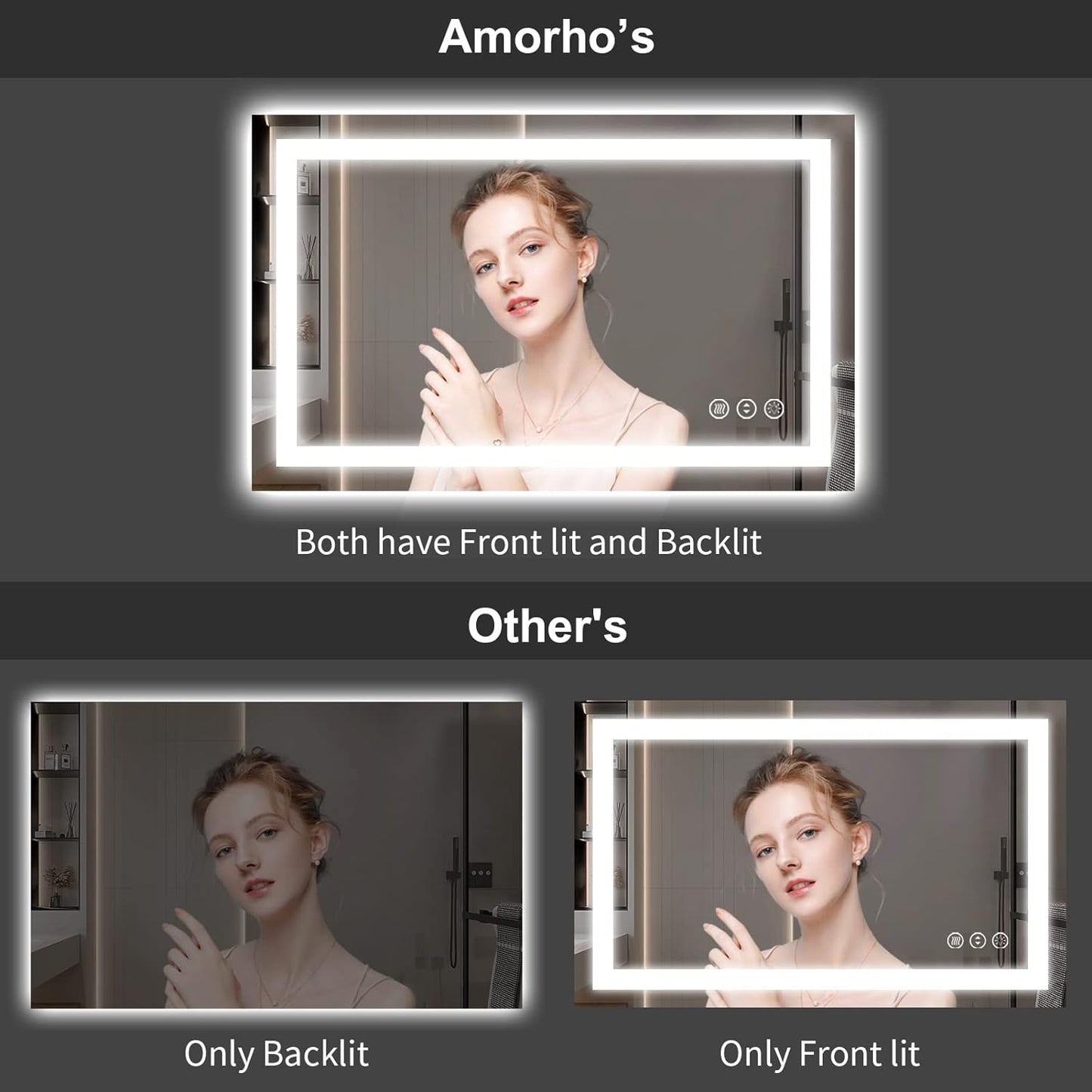 Amorho LED Bathroom Mirror 40''x 36'' with Front Light and Backlit, Stepless Dimmable Wall Mirrors with Anti-Fog, Shatter-Proof, Memory, 3 Colors, Double LED Vanity Mirror (Horizontal/Vertical)