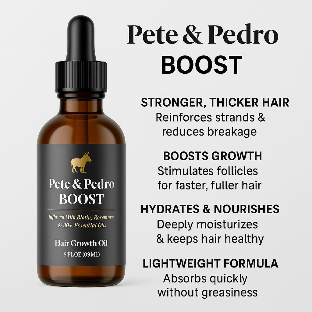 Pete & Pedro BOOST Hair & Beard Growth Serum Strengthening Oil For Men & Women - With Rosemary, Biotin & 20+ Natural Essential Oils | Shark Tank Featured, 2 oz.