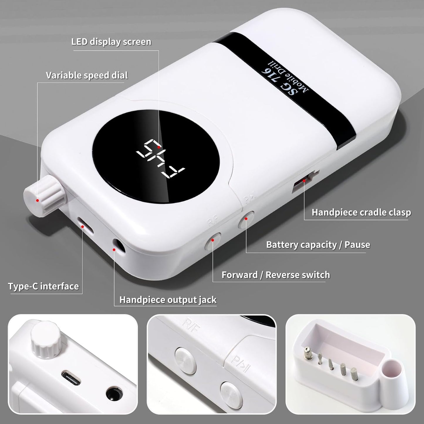 Electric Nail Drill Professional Kit - 45000RPM Electric Nail File Efile Portable Nail Drill Cordless with Bits & Base,E File Machine Nail Grinder for Women (White)