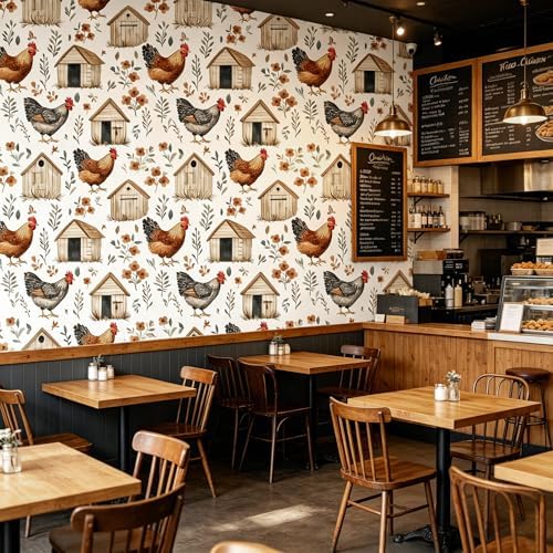 BOKEBEVE Farmhouse Wallpaper Peel and Stick Chicken Cottage 17.5 x 118In - Image 7