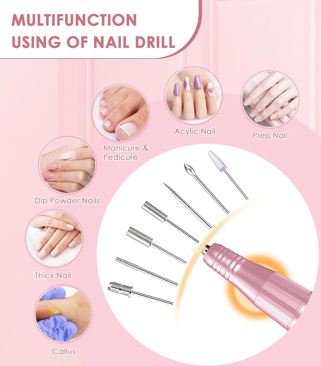 Portable Electric Nail Drill File: 40000RPM Professional Rechargeable Nail E-File Machine, Cordless Nail Drill with Bits & Base for Acrylic Nails Remove Nail Gel Polish Manicure for Salon Home