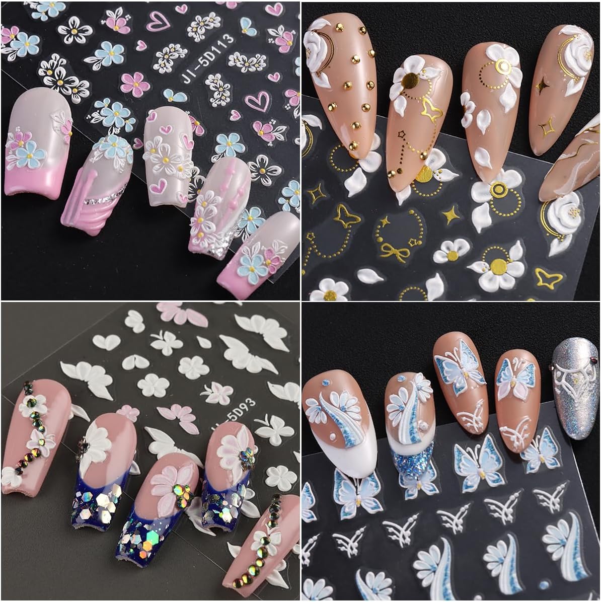 Acrylic Flowers for Nails 4 Sheets 5D Embossed Floral Nail Decals Colorful Flowers Nail Stickers, Gold Strip Lines Swirls French Tip Nail Stickers, Daisy Butterfly Stickers Pegatinas Uñas