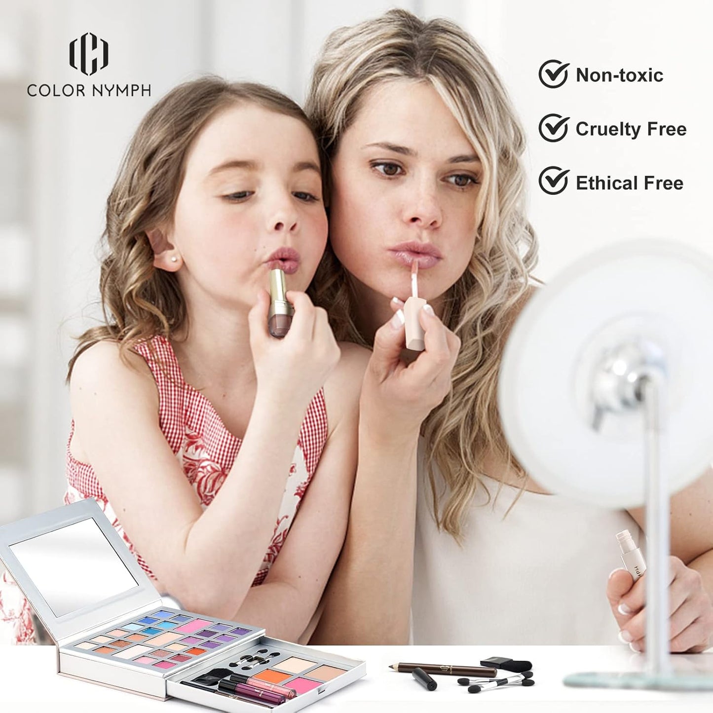 Color Nymph Makeup Kit for Teens, All in One Makeup Kit for Women Included 24 Colors of Matte Shimmer Eyeshadow, Highly Pigmented Lip Glosses, Eyeliner Pencil, Brushes, and Mirror