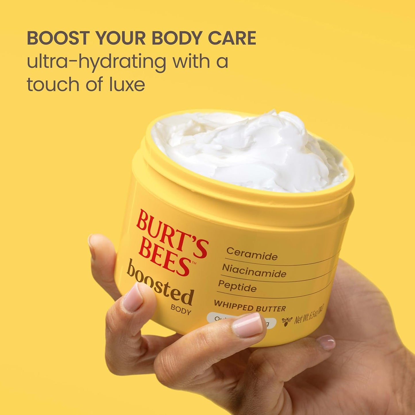 Burt's Bees Boosted Body Whipped Butter With a Ceramide, Niacinamide and Peptide Complex, Quick-Absorbing Body Butter Helps Support Skin Barrier, Tropical Scented, 6.5 oz. Jar