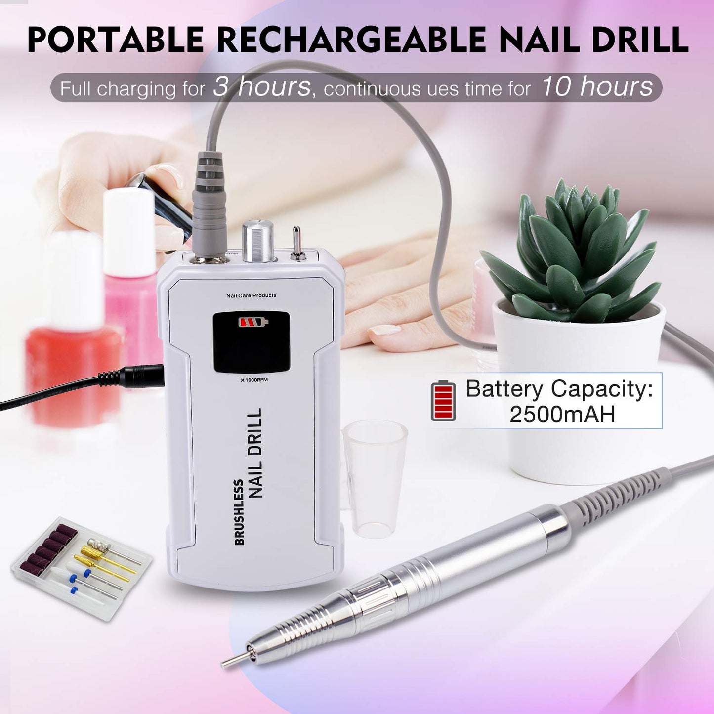 Professional Nail Drill Machine, IMENE 35,000RPM Portable Brushless Nail Drill Rechargeable E-File Nail Drill Perfect for Acrylic, Gel, Natural Nails(White)