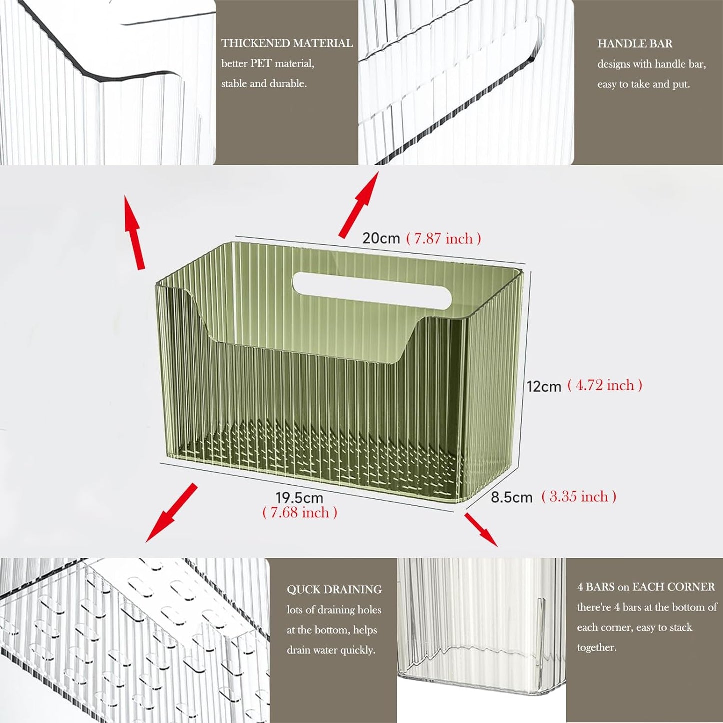 Set Of 2 Storage Organizer Bins Wall Mounted Shower Basket, Shower Caddy Stackable Clear Plastic Makeup Organizer Adhesive Hanging Bin for Bathroom, Kitchen, Cabinet, Pantry, BPA Free, Green