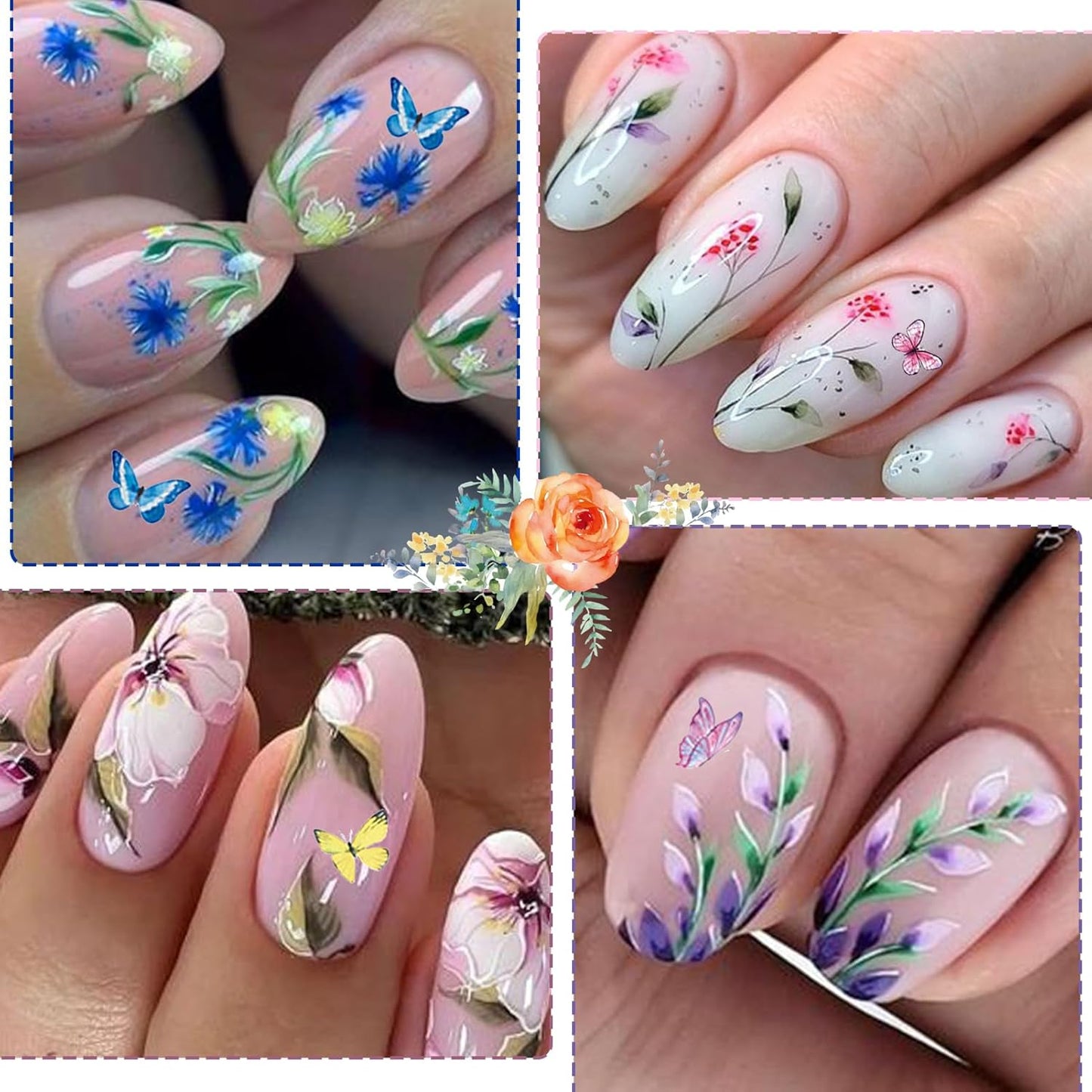 12 Sheets Flower Nail Art Stickers, Self-Adhesive Variety Colorful Floral Nail Decals, 3D Design Butterflies Dragonfly Nail Decorations for Women