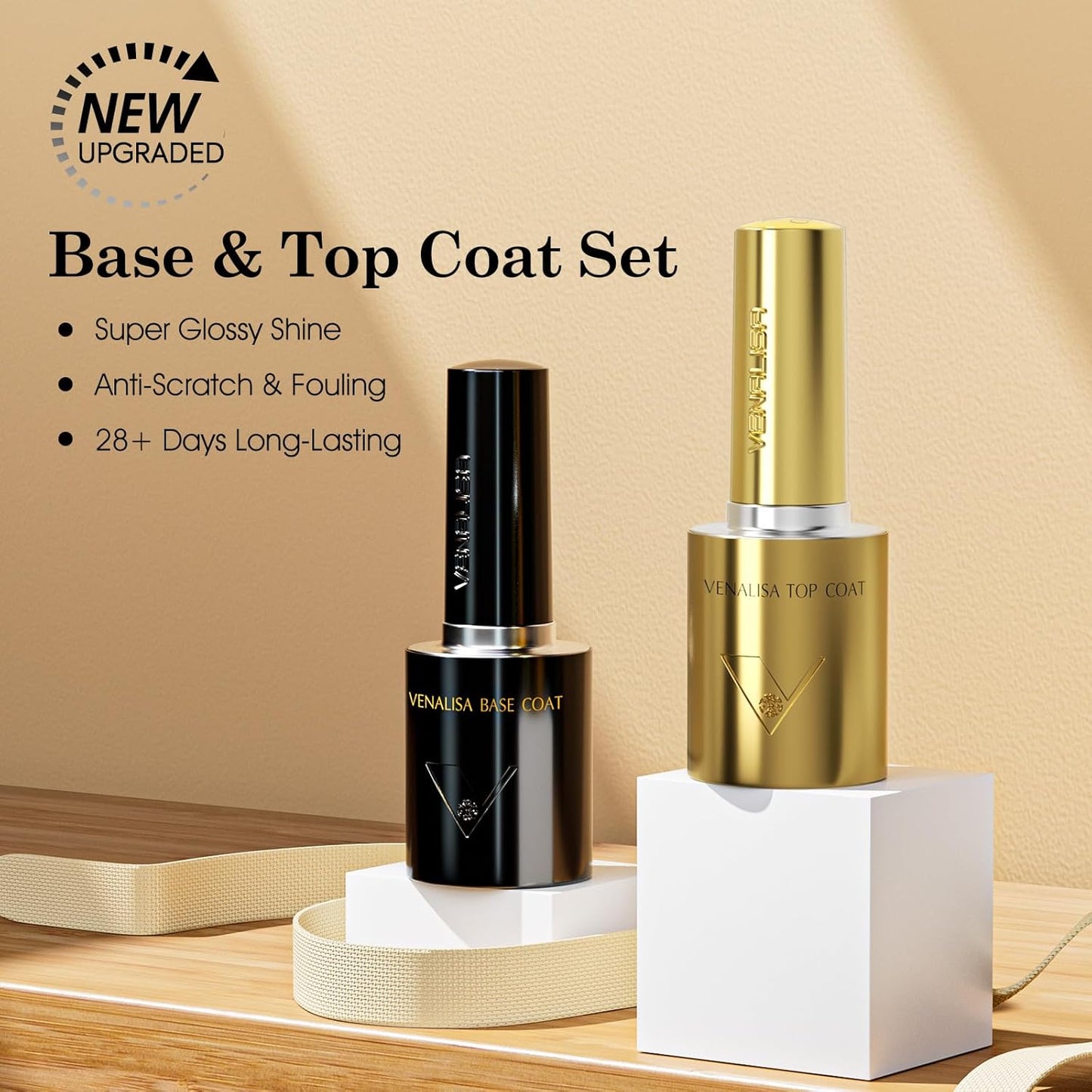VENALISA 2 Pcs No Wipe Gel Top Coat and Base Coat Set- High Gloss Shiny Base Top Coat Gel Nail Polish Kit, Soak Off Nail Art Home and Professional Manicure
