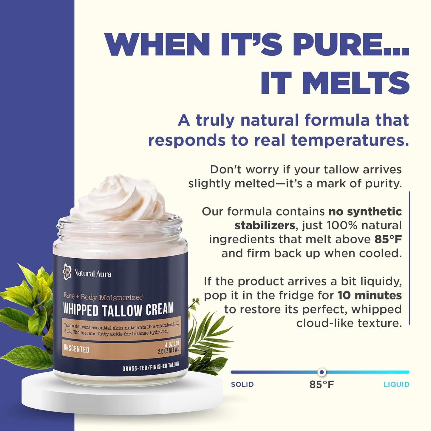 Whipped Beef Tallow for Skin - Face + Body Moisturizer, 100% Grass Fed Grass Finished Tallow and Honey Balm for Sensitive Skin - Natural Lotion - Free of Harsh Chemicals - 4oz, (Unscented)