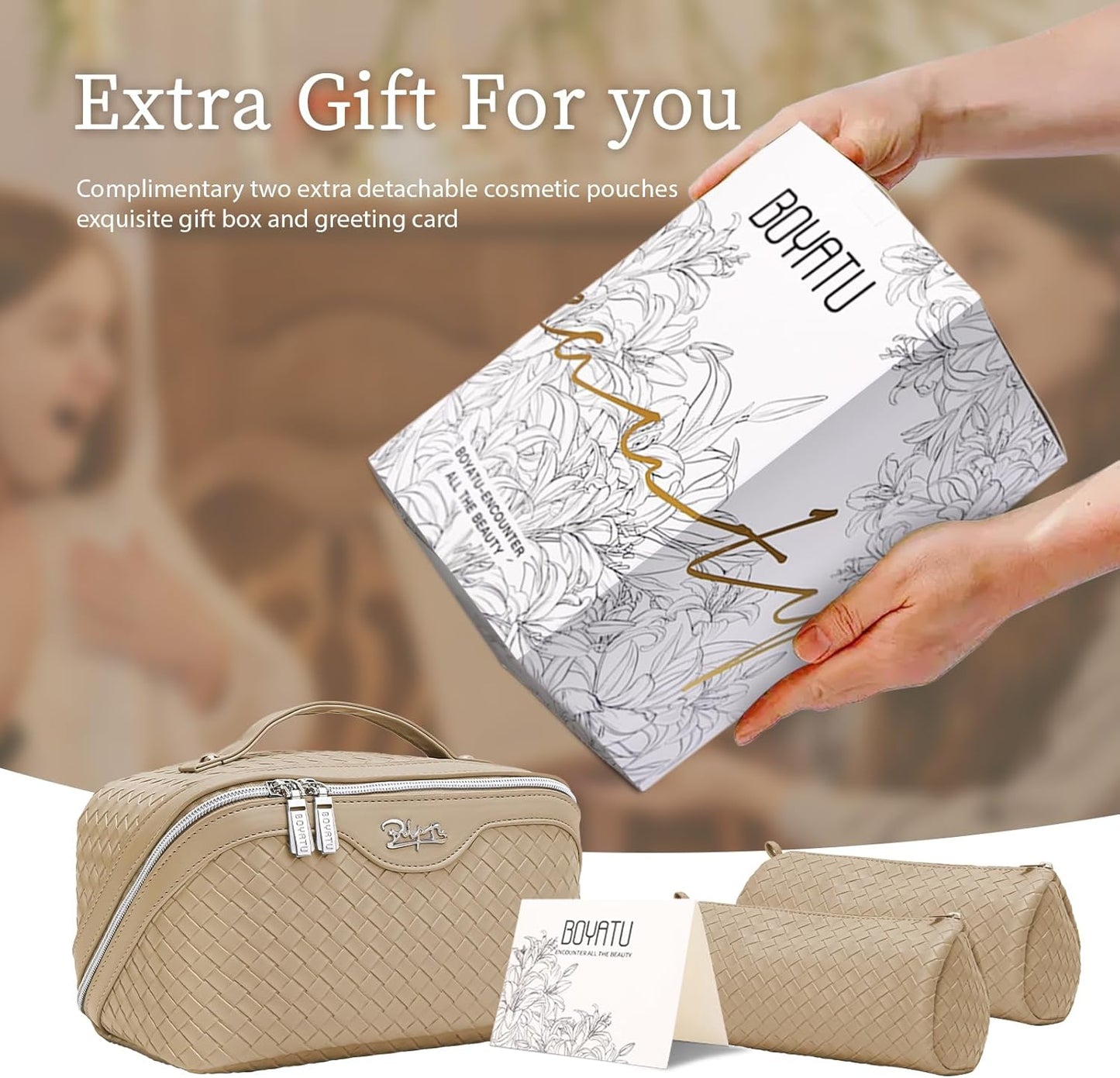 BOYATU Travel Makeup Bags for Women: Large Cosmetic Bag with Compartments - Vegan Leather Make up Bag Set of 3 - Protable Toiletry Organizer (L07 Apricot)