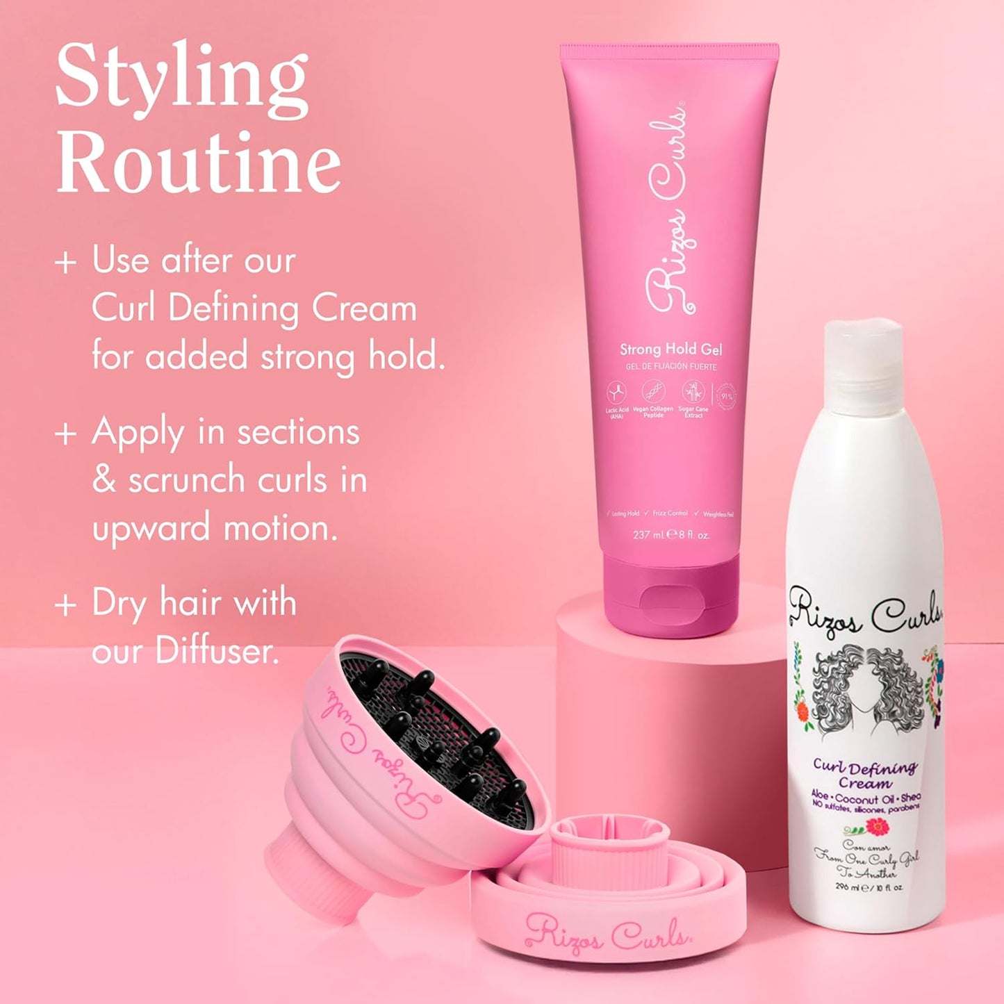 Rizos Curls Strong Hold Gel - Long-Lasting, Flake-Free Gel for Curly, Coily, and Wavy Hair, Frizz Control, Curl Definition & Shine, Vegan Collagen Peptides & Sugar Cane Extract, 8oz