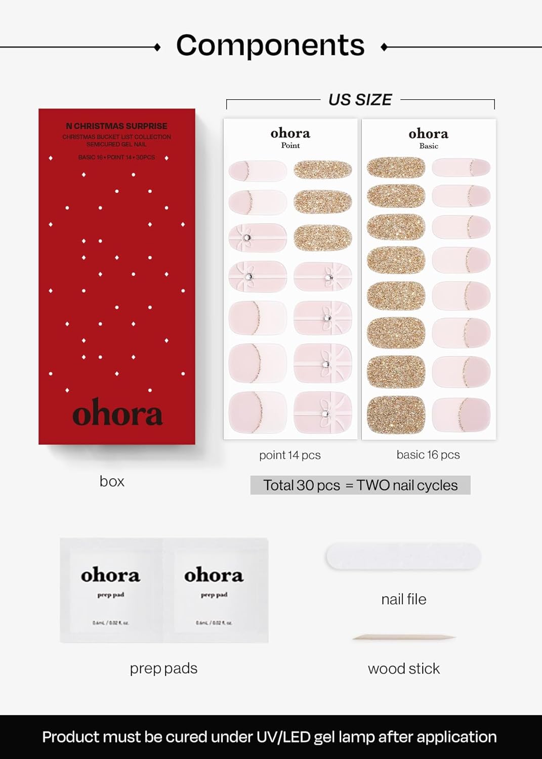 ohora Semi Cured Gel Nail Strips (N Christmas Surprise) - White/Nude, Works with Any UV/LED Lamps, Salon-Quality, Long Lasting, Easy to Apply & Remove - Includes 2 Prep Pads, Nail File & Wooden Stick