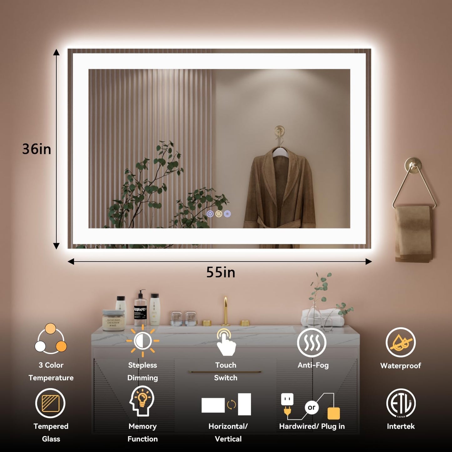 55"x 36" LED Mirror for Bathroom, 3 Colors Wall-Mounted Large Vanity Mirror with Lights, Controlled Separately, Front and Backlit, Anti Fog, Stepless Dimmable, Memory(UL ETL)