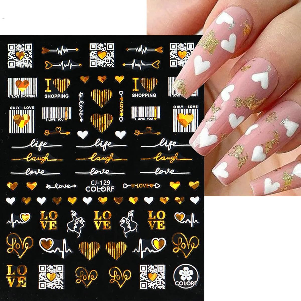 9 Valentines Nail Art Heart Stickers - Self-Adhesive Gold, 3D Rose Love Cupid Heart Letter Nail Decals for Women