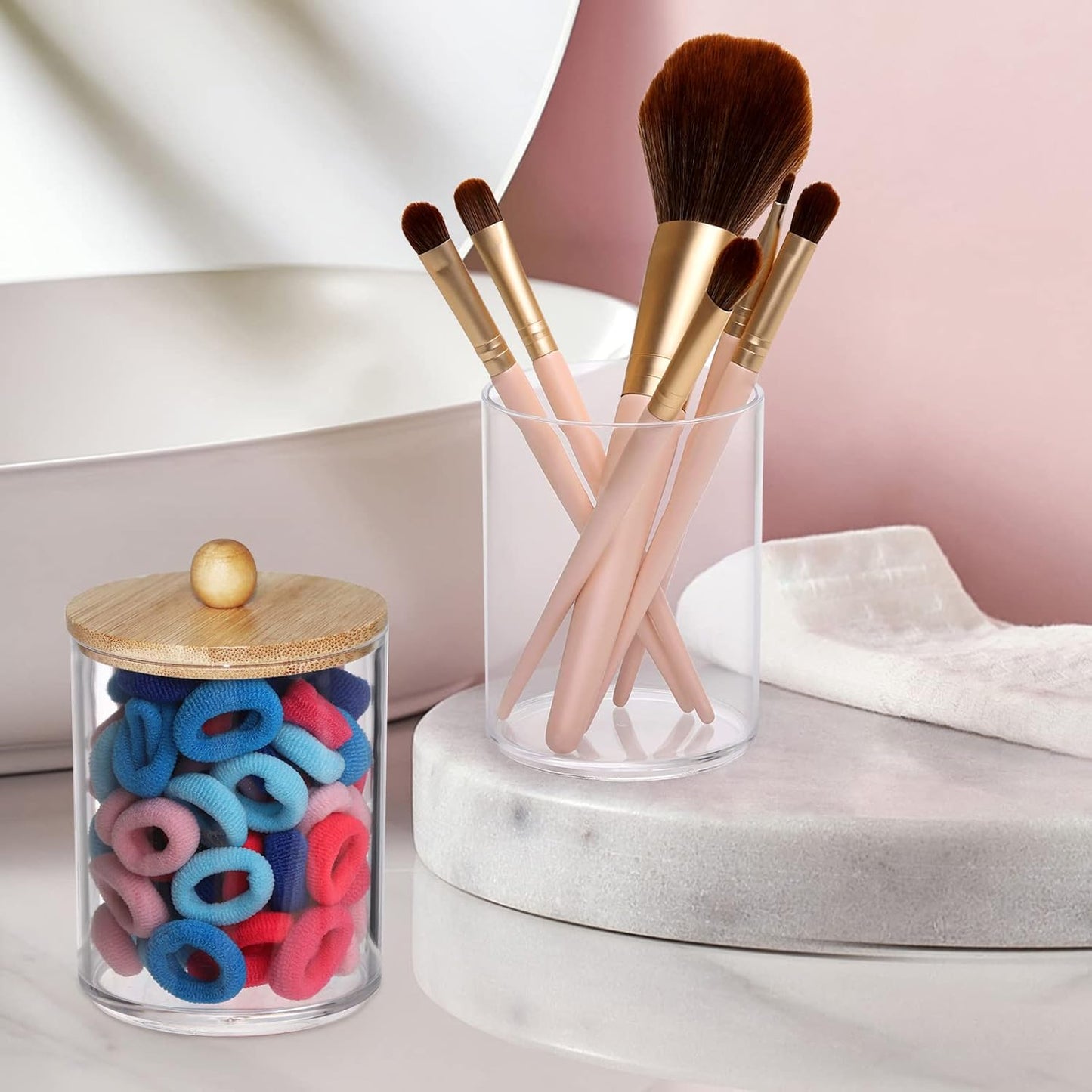 Tbestmax 10-Ounce Qtip Holder Bathroom Jars Canisters for Cotton Ball Swab Pad Storage Dispenzer, Bamboo Lid (2 Pack)