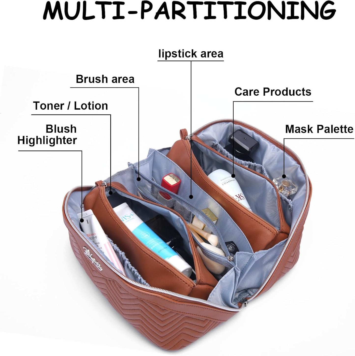 Travel Makeup Bags Cosmetic Organizer Bag: Quilted Make up Bag Set of 3 - PU Leather Toiletry Bags for Women - Portable Makeup Organizer with Compartments & Handle & Divider(14 Brown)