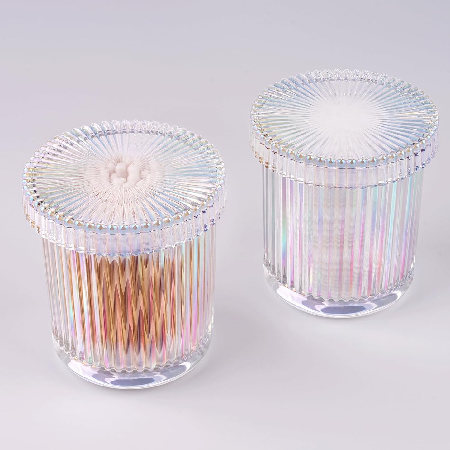 2 Pack Qtip Holder - Apothecary Jars with Lids, Bathroom Organizers and Storage Canister for Cotton Balls,Swabs,Floss Picks,Hair Ties,Clear Glass Vintage Bathroom Decor Jar Set (Iridescent)