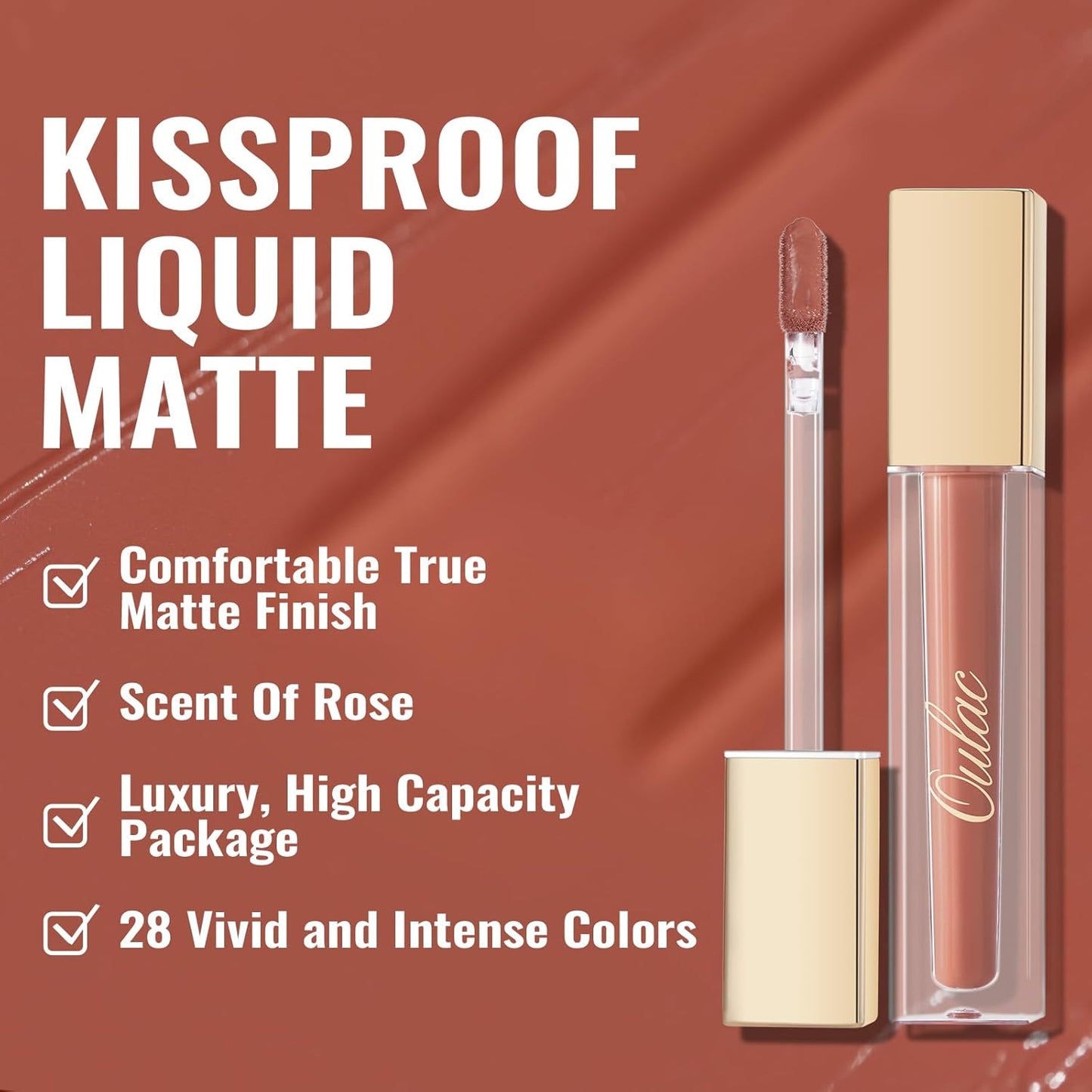 Oulac Matte Liquid Red Lipstick for Women, Orange-Brown Tones Red Lip Gloss Long Lasting, Highly Pigmern Lip Color with Vitamin E & Rose Oil, Waterproof, Vegan & Cruelty-Free M04