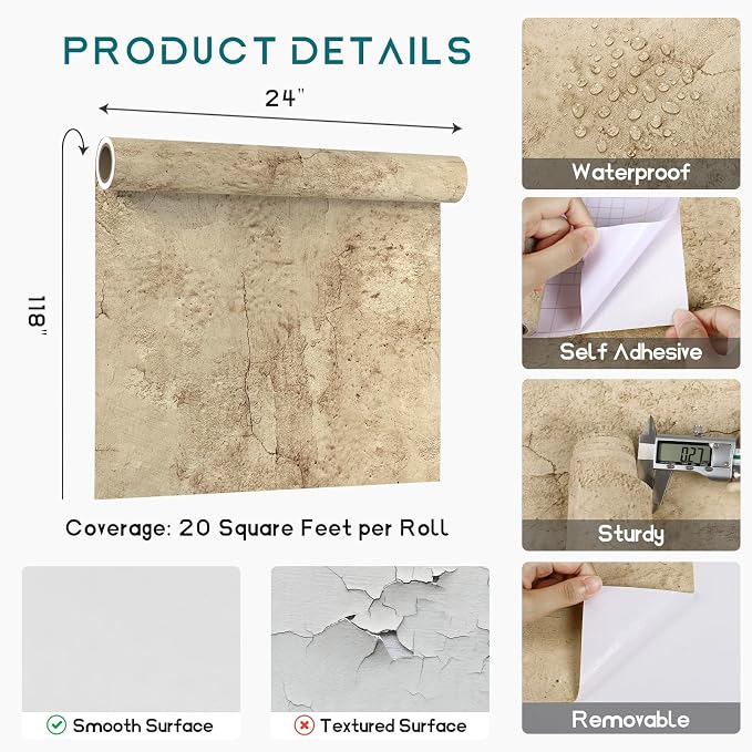 VEELIKE Aged Tan Concrete Wallpaper Peel and Stick Distressed Beige Limewash - Image 8