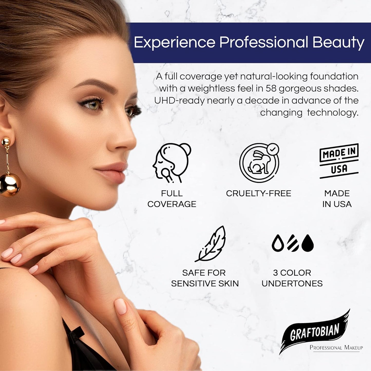 Graftobian HD Glamour Crème Foundation 1/2oz, Weightless Full Coverage Makeup, 65 Inclusive Shades, For All Skin Types, Natural or Full-Glam Looks, For Professionals and Beginners, Buff