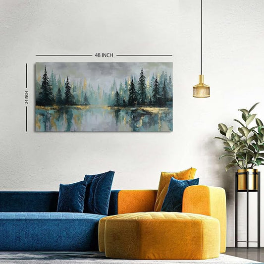 Green Forest Wall Art Vintage Fog Pine Trees Landscape Wall Decor Nature Green - Image 2