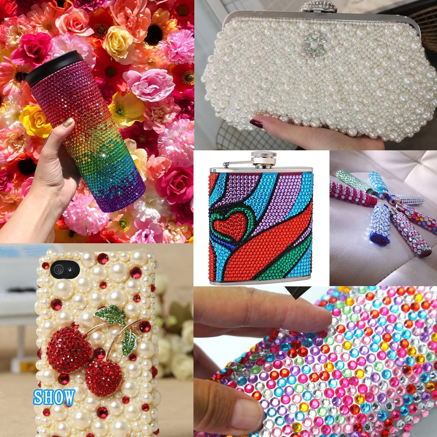 Flat Back Rhinestone+Half Round Pearl Kits Colorful Rhinestones+White+Beige Pearls With Picker Pencil And Tweezer For Home DIY And Professional Use