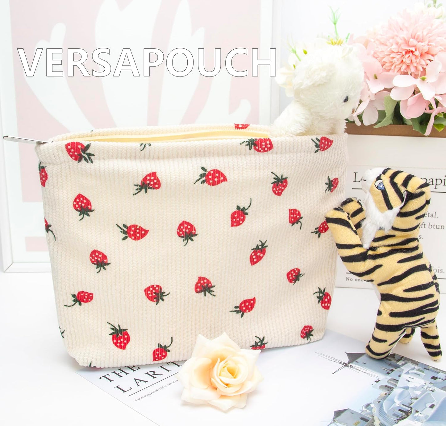 PAZIMIIK Makeup Bag Large Cotton Zipper Pouch for Purse Travel Canvas Make Up Organizer for Women Cosmetic,Strawberry Beige