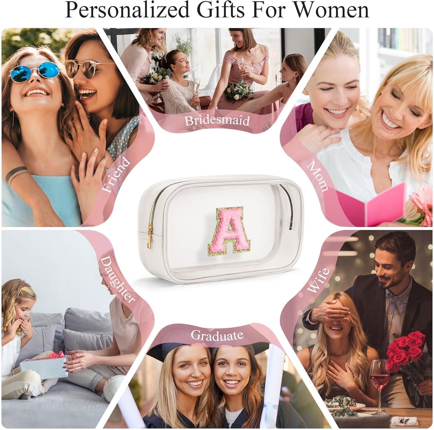 YOOLIFE Initial Make Up Bag Travel Toiletry Bag, Clear Makeup Bag Preppy Cosmetic Bag Clear Makeup Bags With Zipper Girlfriend Teacher 8 Year Old Girl Gifts Daughter Gifts Swim Gifts For Girls White S